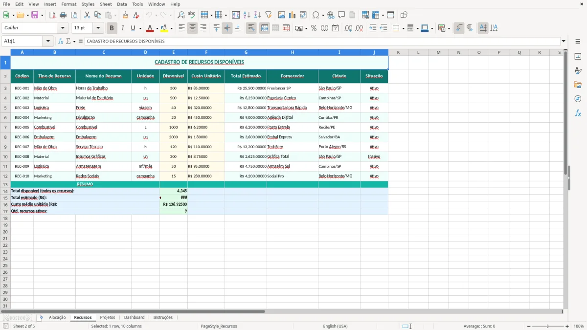 Prévia da planilha Alocação de recursos no Excel — aba Recursos