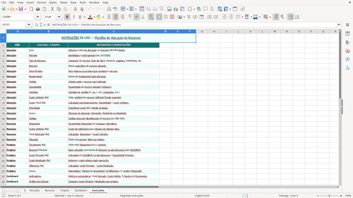 Prévia da planilha Alocação de recursos no Excel — aba Instruções