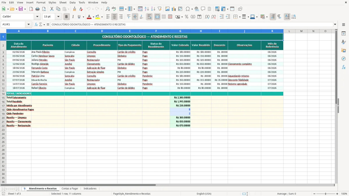 Prévia da planilha Excel para consultório odontológico — aba Atendimento e Receitas