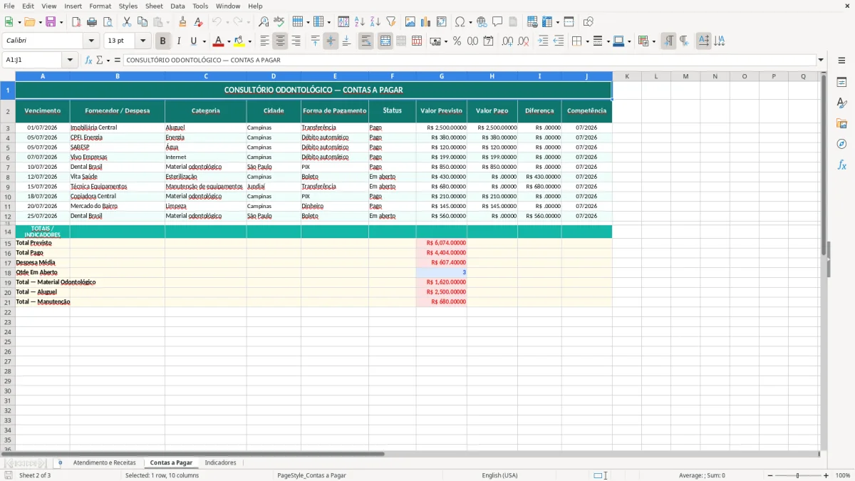 Prévia da planilha Excel para consultório odontológico — aba Contas a Pagar