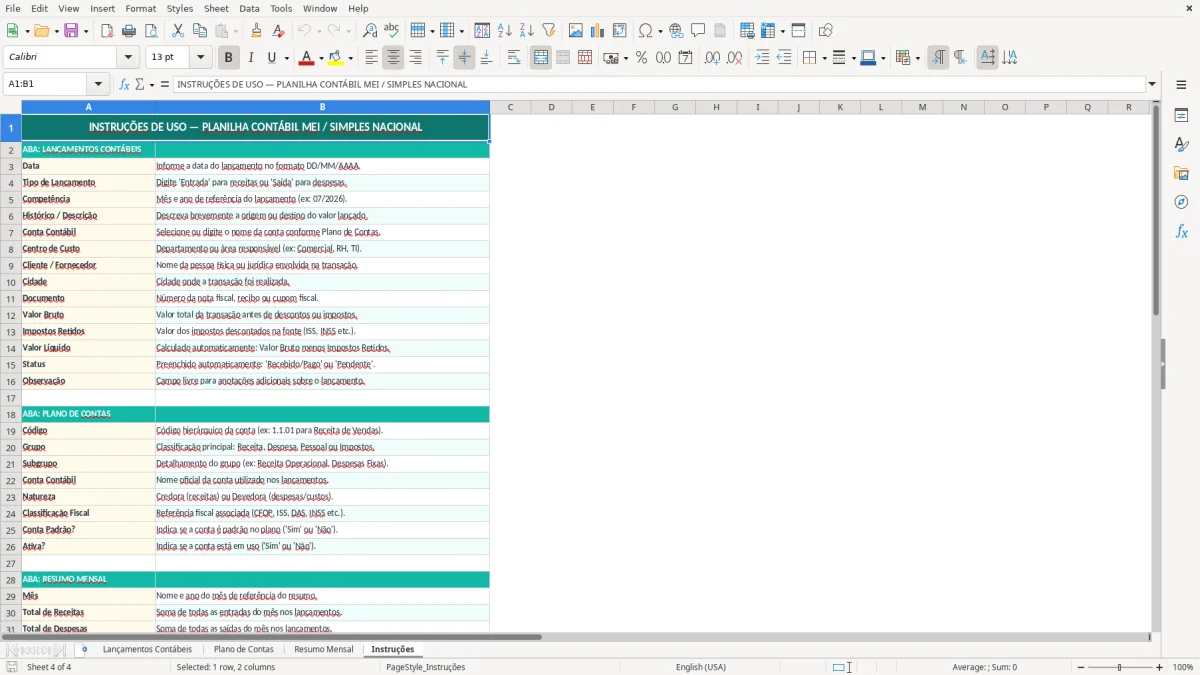 Prévia da planilha Contabilidade no Excel: planilha grátis — aba Instruções