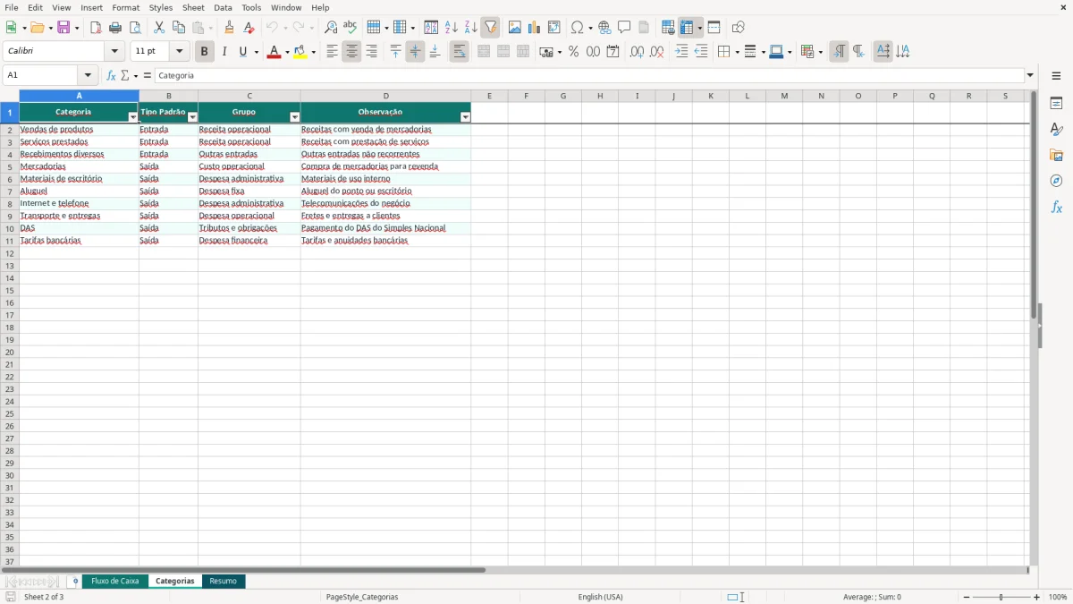Prévia da planilha Controle de Brindes e Materiais Promocionais Excel — aba Categorias