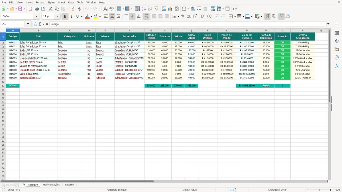 Prévia da planilha Excel de materiais hidraulicos com estoque — aba Estoque