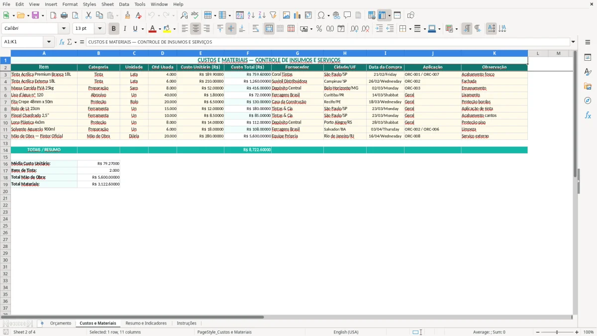 Prévia da planilha Orçamento pintura no Excel — aba Custos e Materiais