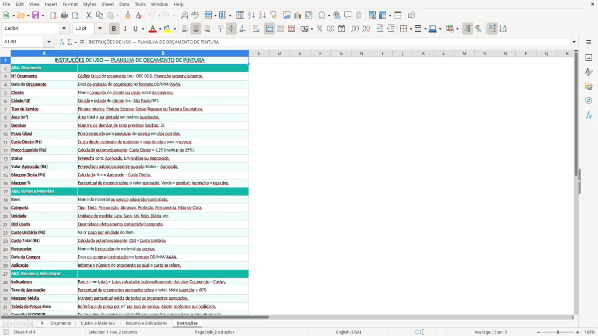 Prévia da planilha Orçamento pintura no Excel — aba Instruções