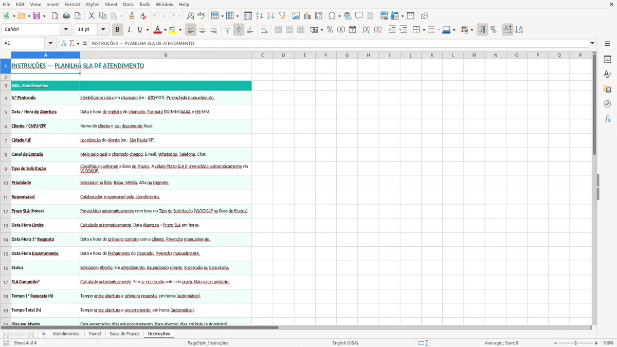 Prévia da planilha Planilha SLA no Excel para prazos de atendimento — aba Instruções