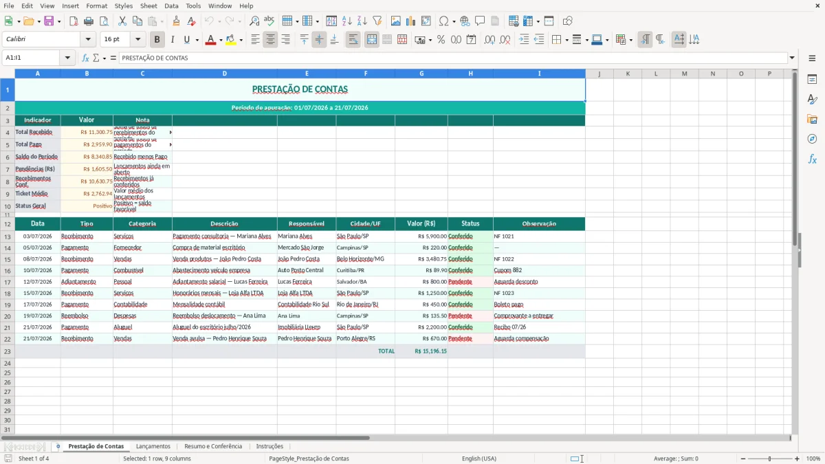 Prévia da planilha Planilha de Prestação de Contas no Excel