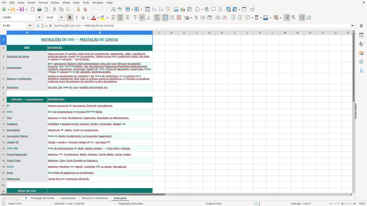 Prévia da planilha Planilha de Prestação de Contas no Excel — aba Instruções