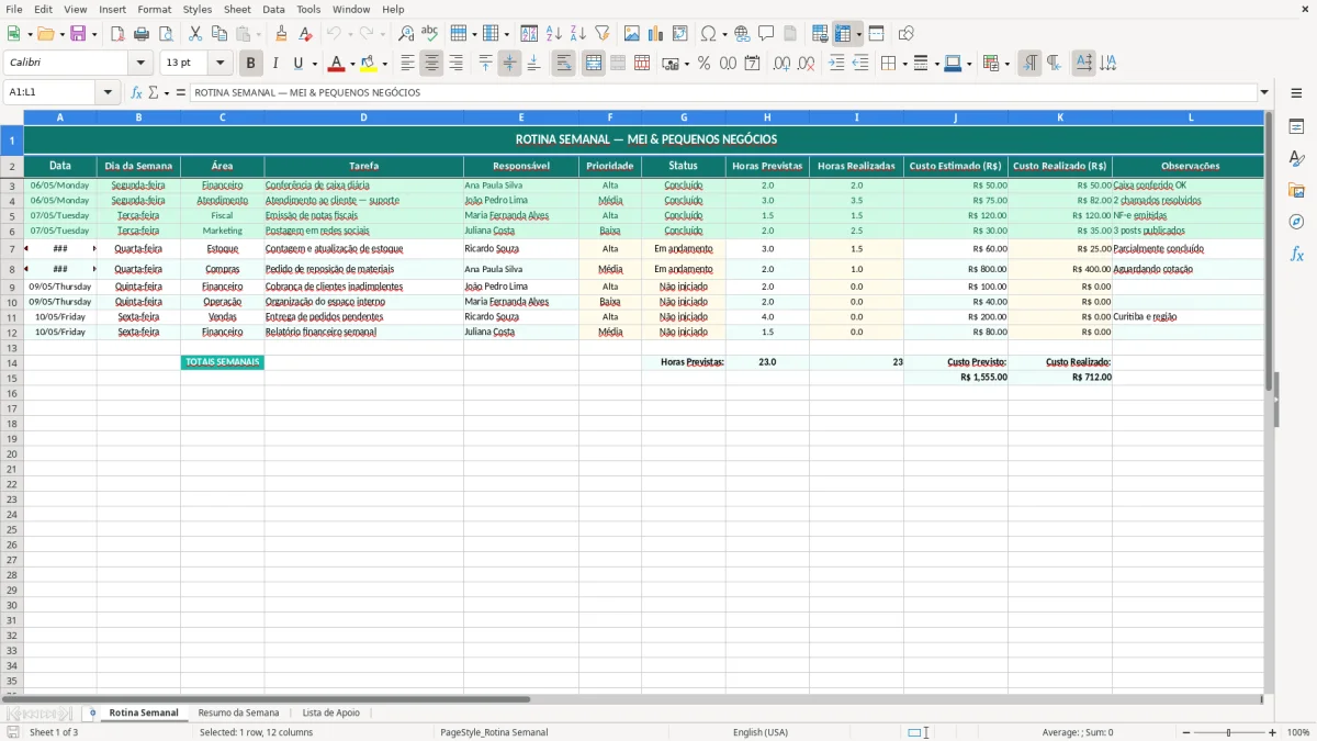 Prévia da planilha Planilha de rotina semanal Excel