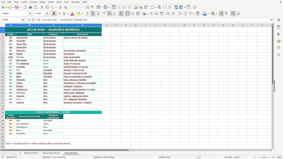 Prévia da planilha Planilha de rotina semanal Excel — aba Lista de Apoio