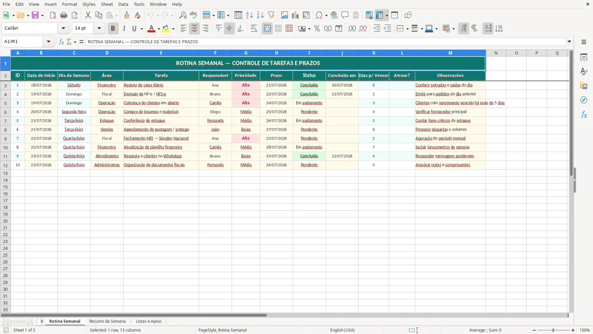 Prévia da planilha Rotina semanal no Excel com tarefas e prazos