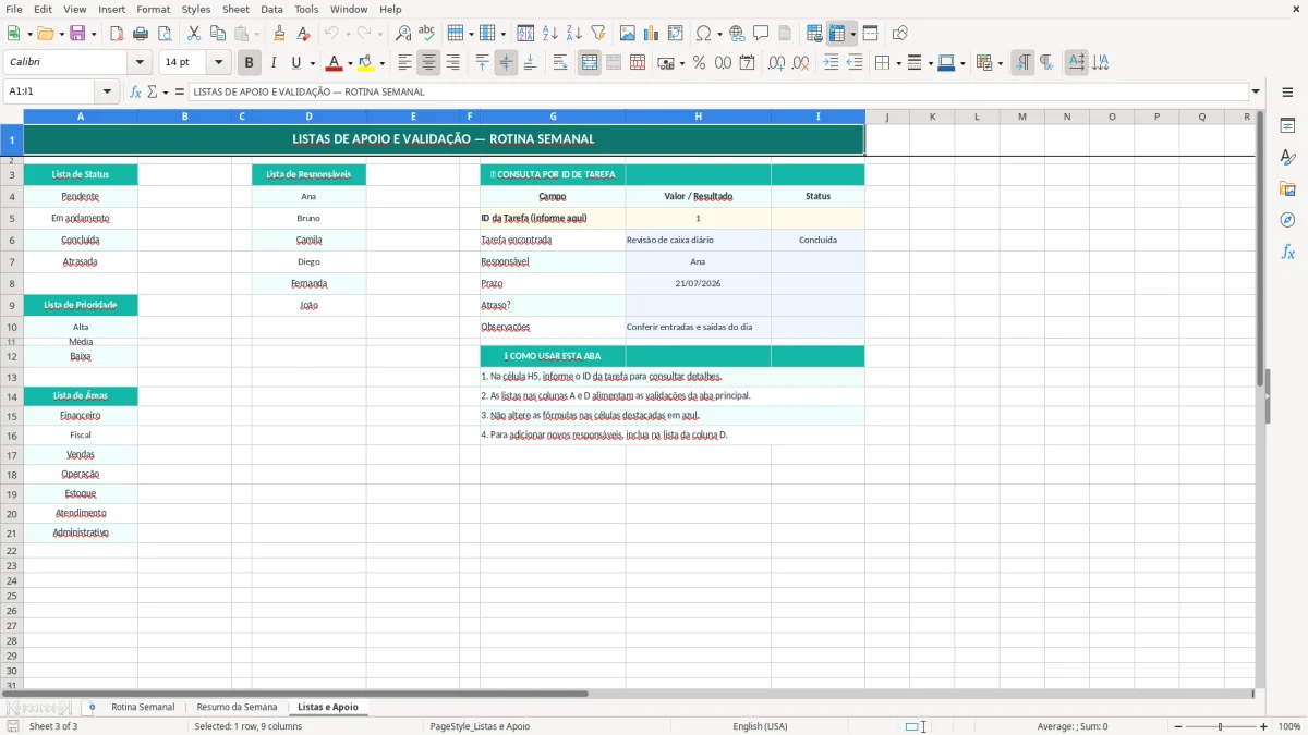 Prévia da planilha Rotina semanal no Excel com tarefas e prazos — aba Listas e Apoio