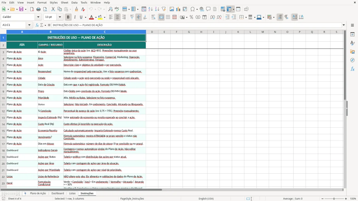 Prévia da planilha Plano de ação via com dashboard no Excel — aba Instruções