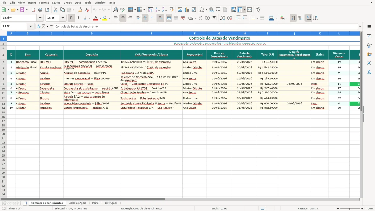 Prévia da planilha Controle de Vencimentos em Excel — aba Controle de Vencimentos