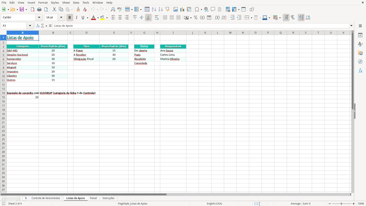 Prévia da planilha Controle de Vencimentos em Excel — aba Listas de Apoio