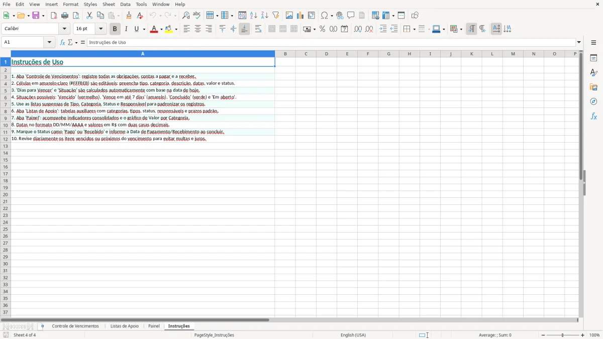 Prévia da planilha Controle de Vencimentos em Excel — aba Instruções
