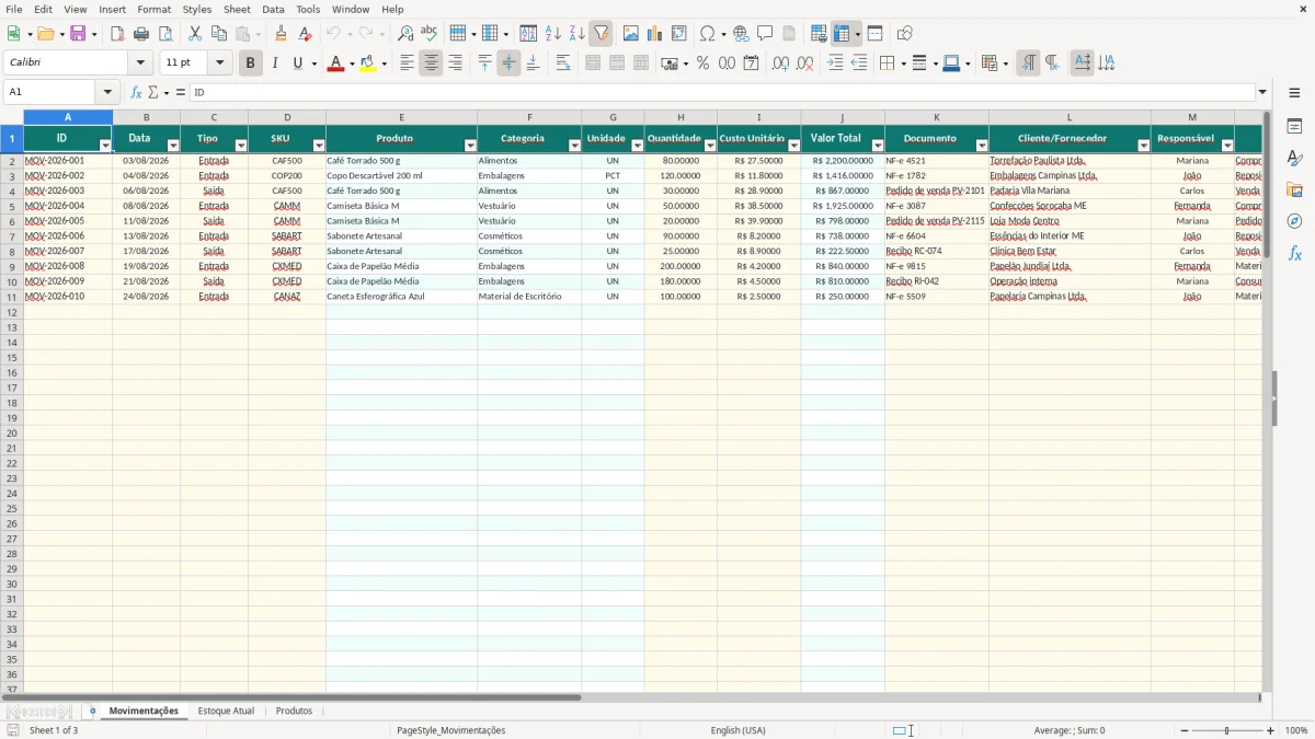 Prévia da planilha Entrada e saída de estoque no Excel — aba Movimentações