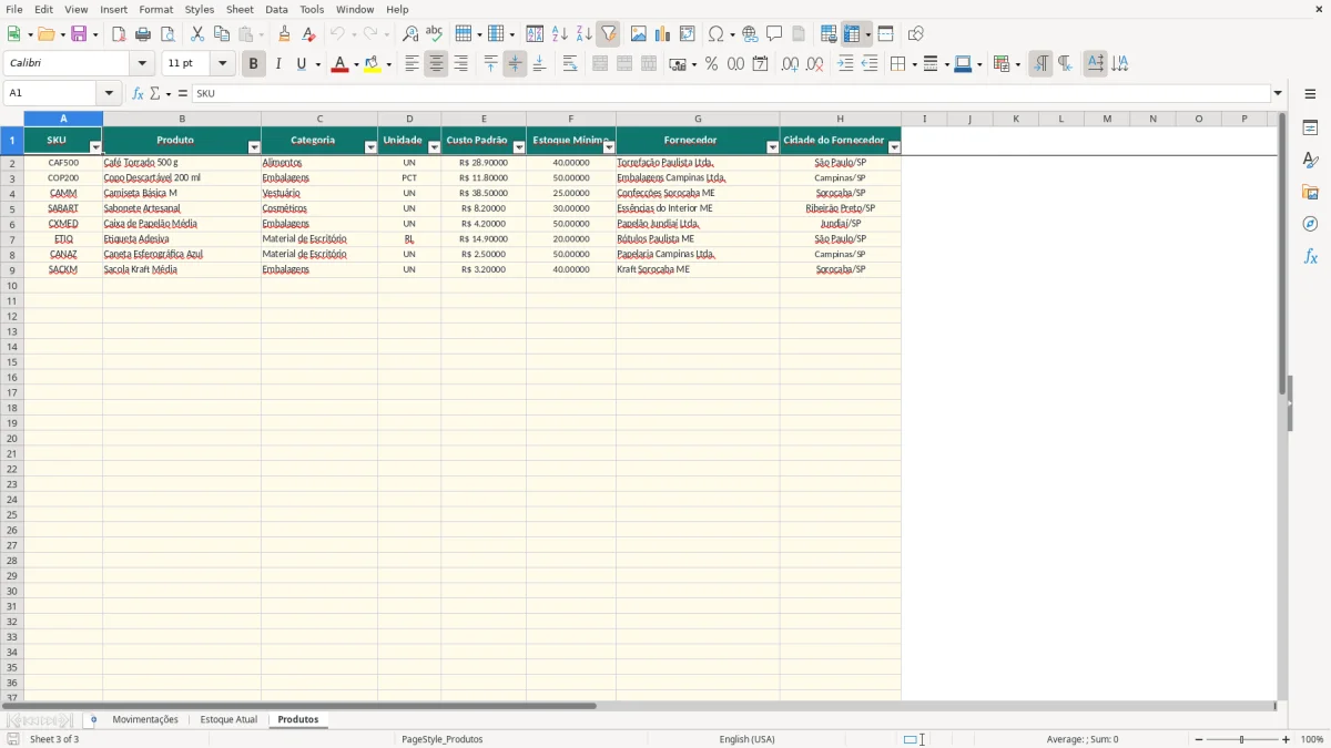 Prévia da planilha Entrada e saída de estoque no Excel — aba Produtos