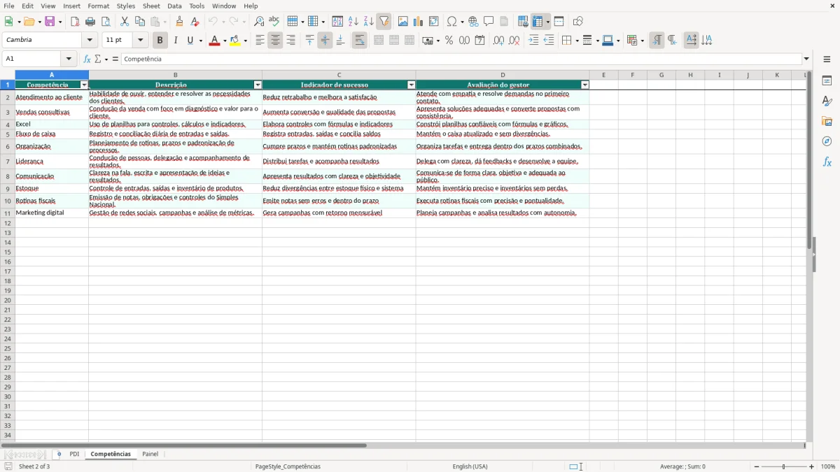 Prévia da planilha Planilha de PDI no Excel para desenvolvimento — aba Competências