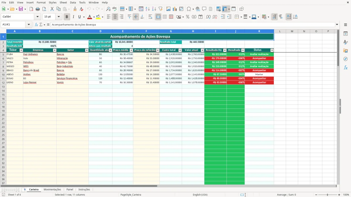 Prévia da planilha Ações Bovespa no Excel: controle de carteira — aba Carteira