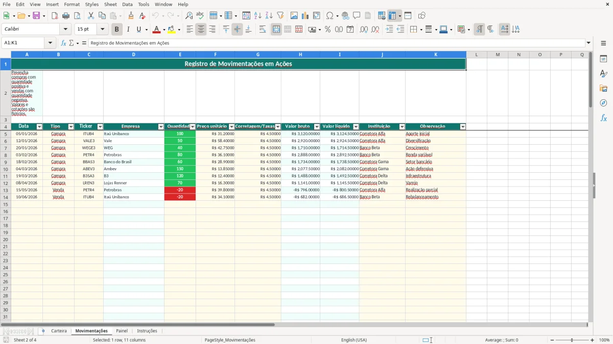 Prévia da planilha Ações Bovespa no Excel: controle de carteira — aba Movimentações