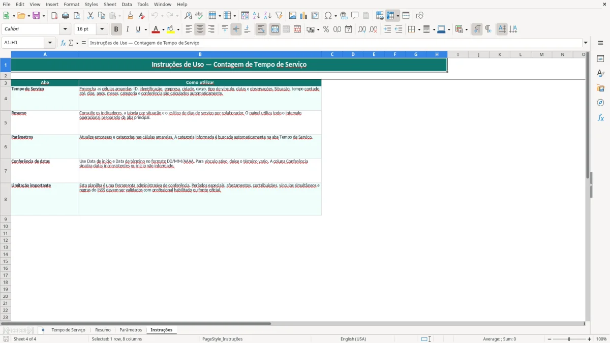 Prévia da planilha Contagem de tempo de serviço no Excel — aba Instruções