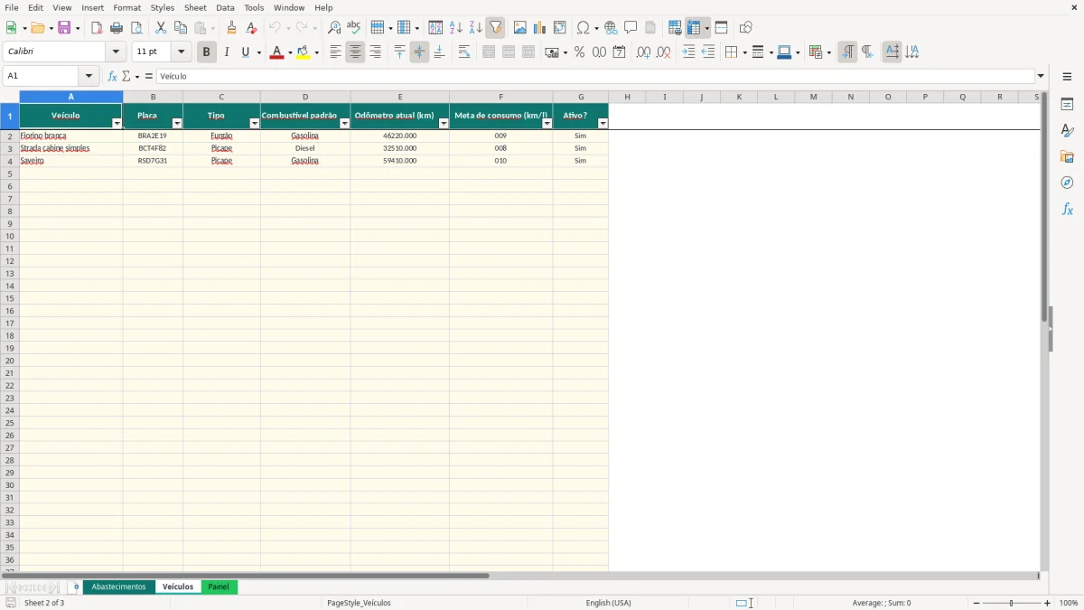 Prévia da planilha Controle de abastecimento no Excel — aba Veículos