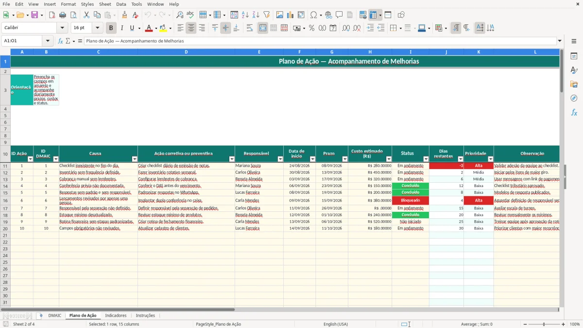 Prévia da planilha DMAIC no Excel: planilha de melhoria de processos — aba Plano de Ação