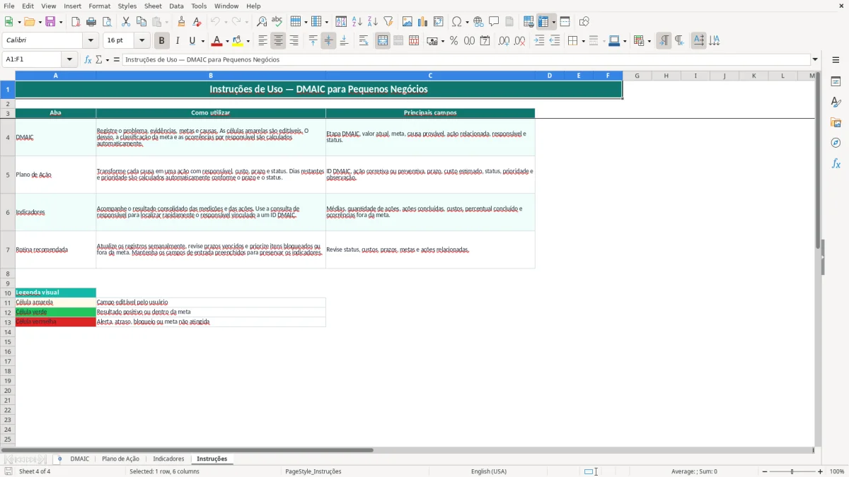 Prévia da planilha DMAIC no Excel: planilha de melhoria de processos — aba Instruções