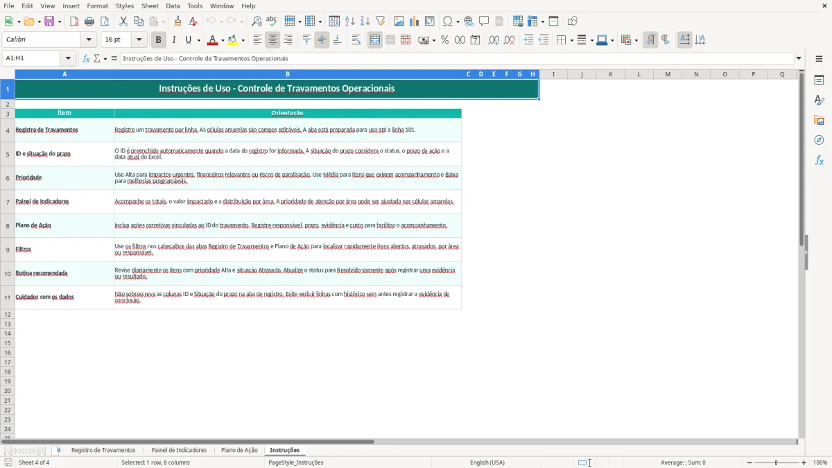 Prévia da planilha Planilha Excel para controle de travamentos — aba Instruções