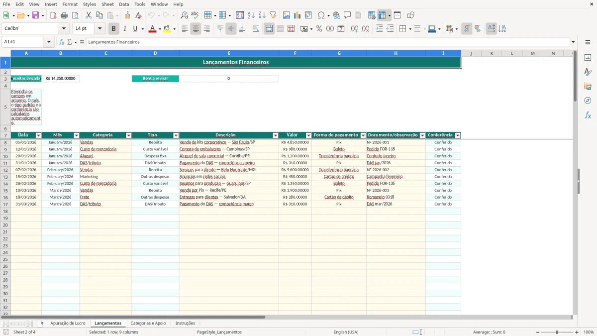 Prévia da planilha Planilha de lucro no Excel para pequenos negócios — aba Lançamentos
