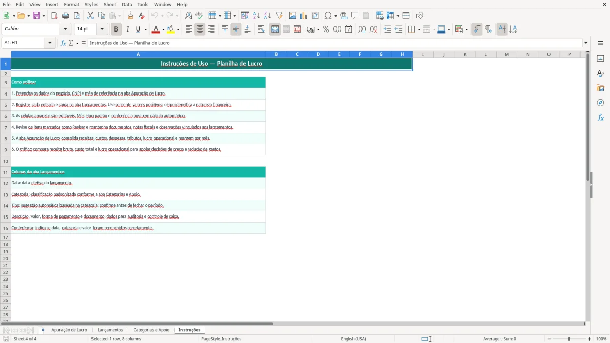 Prévia da planilha Planilha de lucro no Excel para pequenos negócios — aba Instruções
