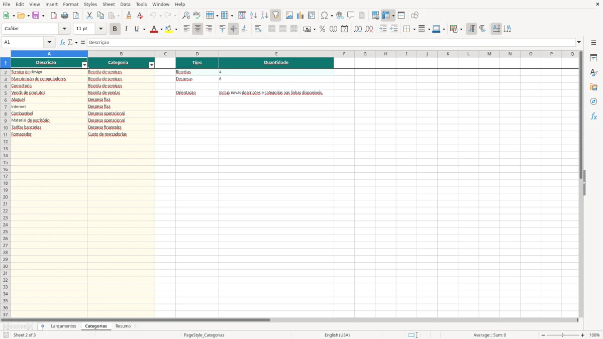 Prévia da planilha Excel para receitas e despesas: planilha grátis — aba Categorias