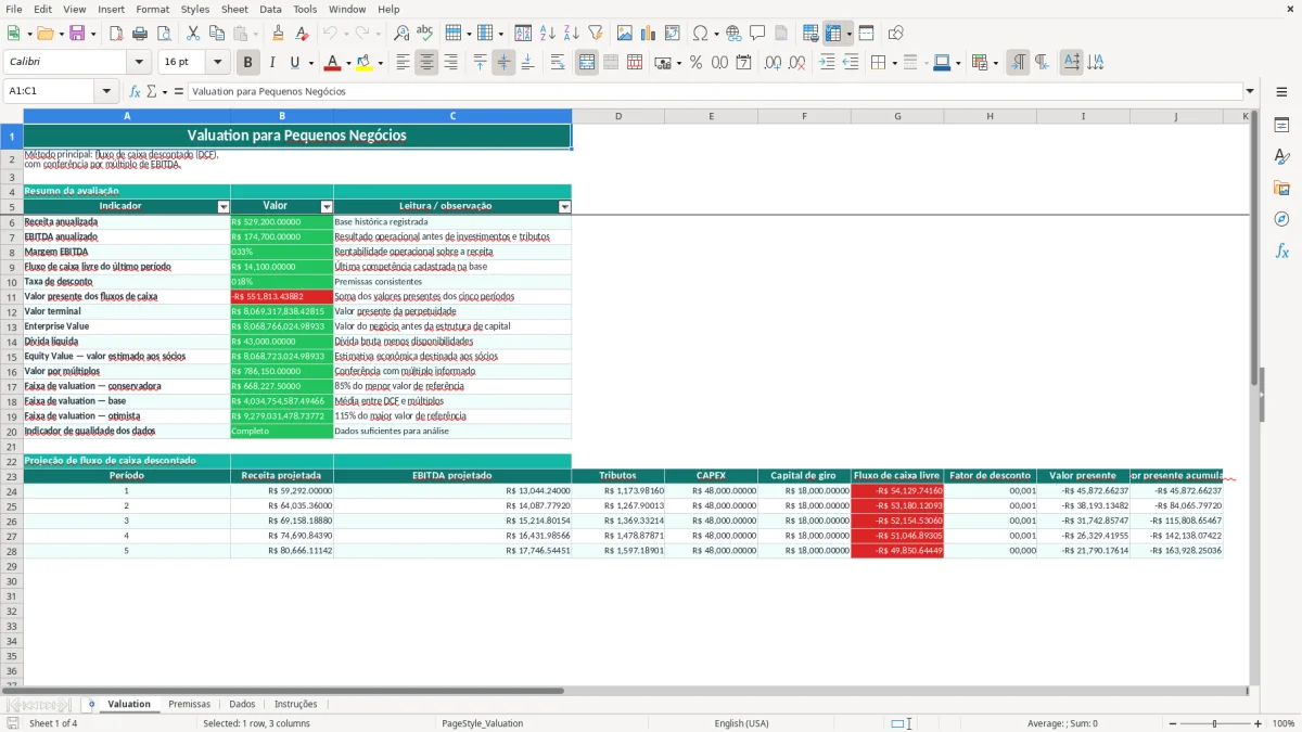 Prévia da planilha Valuation no Excel para pequenos negócios — aba Valuation