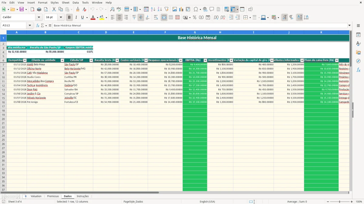 Prévia da planilha Valuation no Excel para pequenos negócios — aba Dados